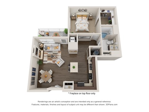 A 3D floor plan of a small apartment with a kitchen, living room, and bedroom.